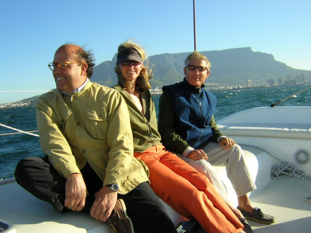 Francesco Lami, Flo Tarjan and Vanni Gori enjoying a 20+ knot ride on the Scape Cat, off Cape Town.